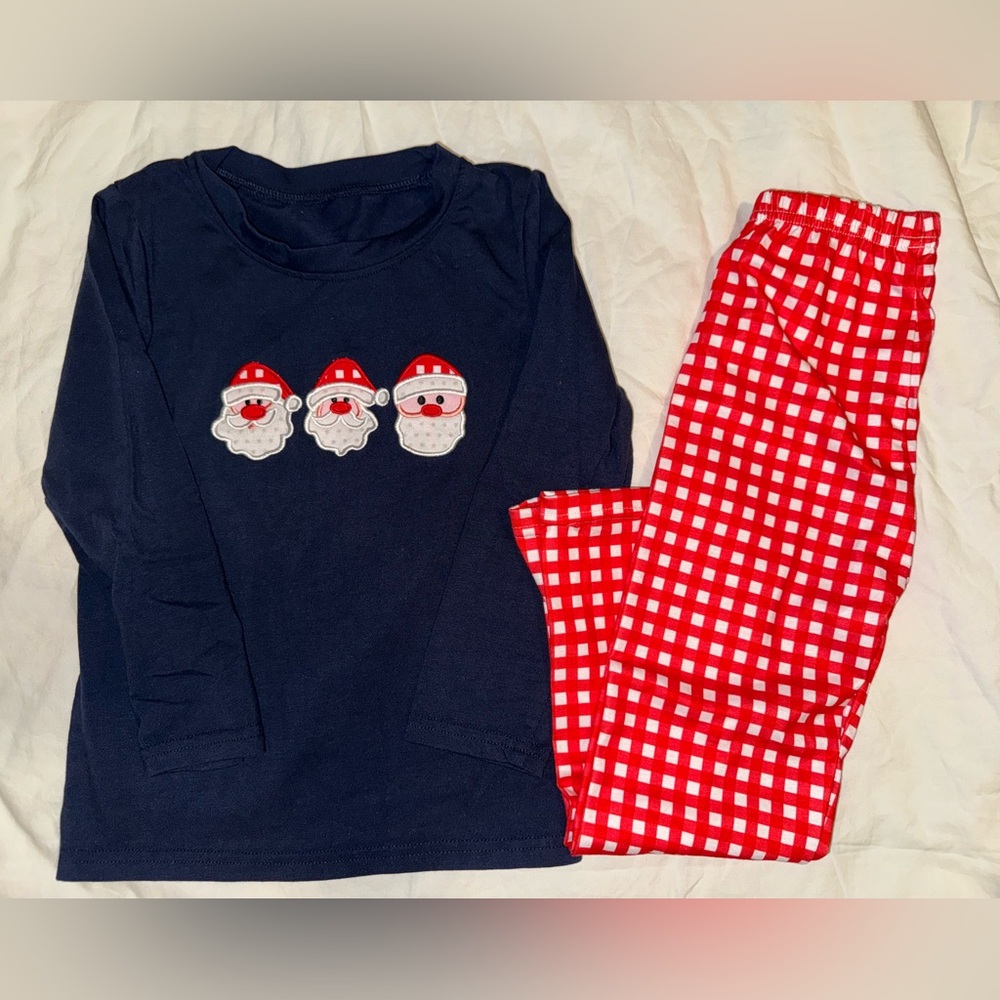 Boutique embroidered Santa long sleeve shirt & gingham pants